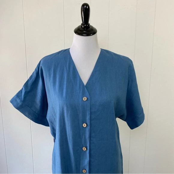 Linen Handmade Studio Blue Dress Button Front V Neck Dolman Sleeves 19” PTP M/L? - Picture 2 of 15